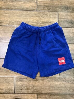 The North Face Mens M Blue Fleece Lounge Sweat Shorts Elastic Waist Red Logo
